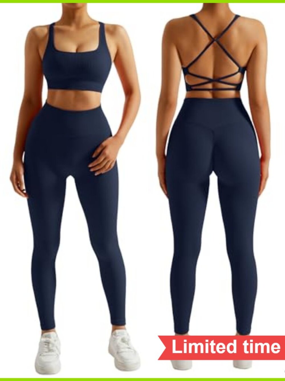 Ribbed Workout Sets for Women 2 Piece Backless Strappy Sports Bra Seamless